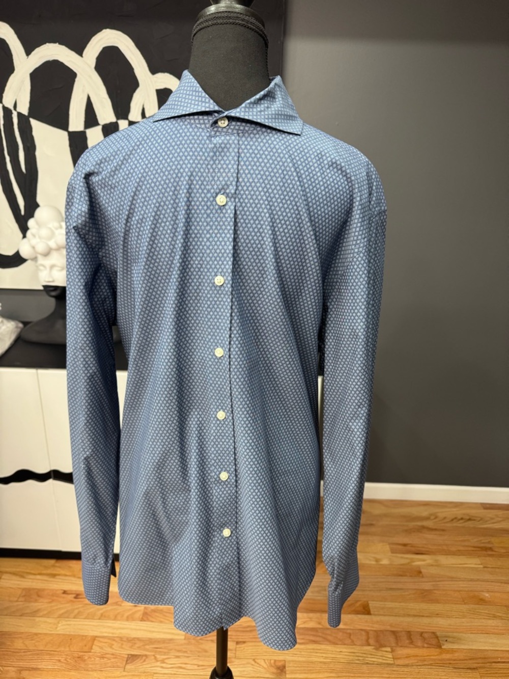 Michael Bastian Blue Micro Print Dress Shirt Mens L 16.5 Slim Fit Smart Casual